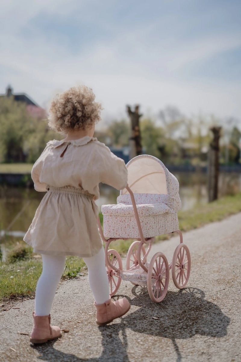 Carrito de paseo de muñecas metal Flores rosa Little Dutch